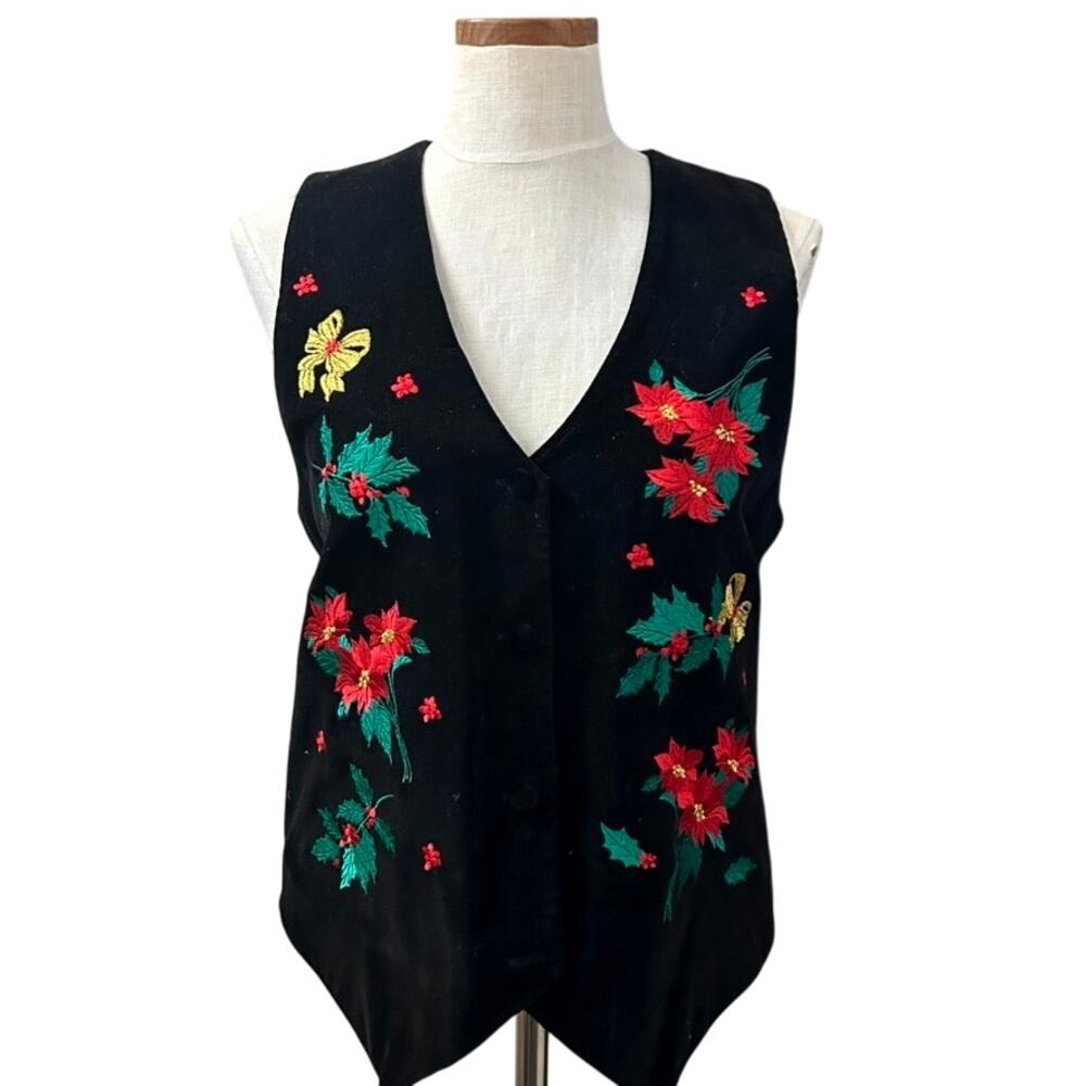Vintage Westbound Black Velvet Embroidered Poinsettia Holly Christmas Vest Small